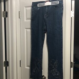 Embroidered Dark Blue Boot-Cut Women's Jeans